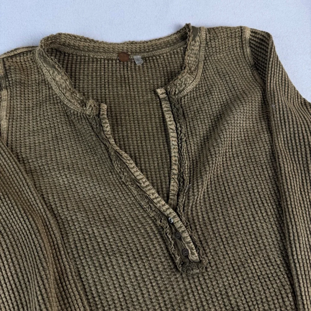 Free People FP One Waffle Knit Henley Thermal Top Olive Brown Boho Large